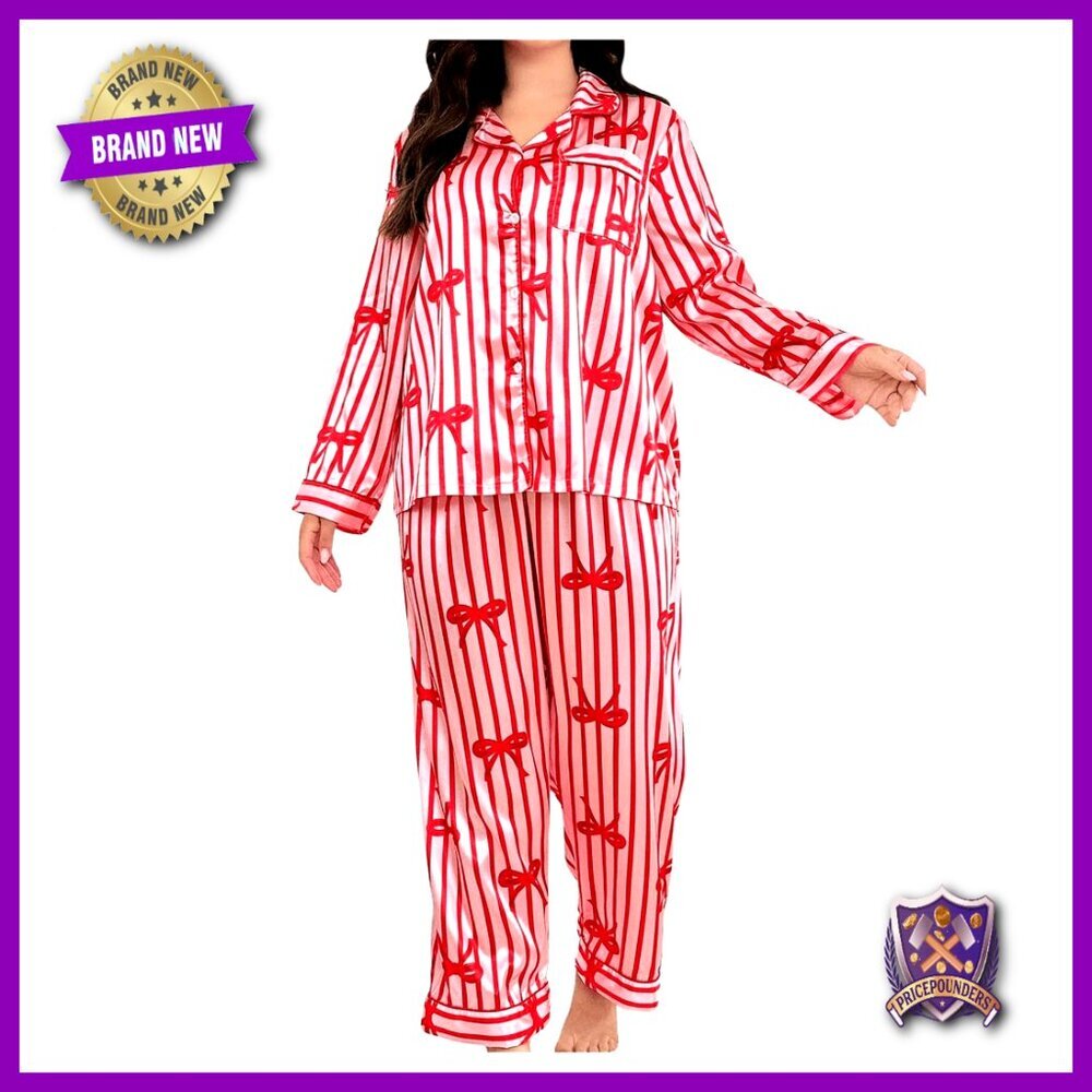 Plus Size Satin Pajama Set Long Sleeve Button Down Pants Sleepwear